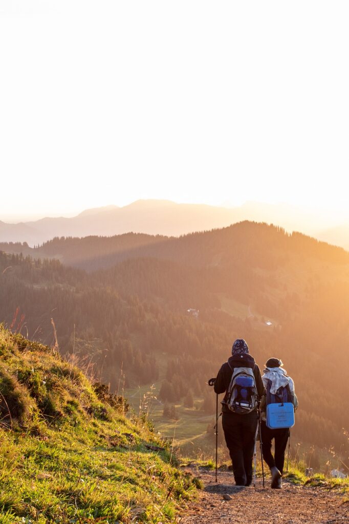 mountain, sunrise, sun, nature, clouds, alpine, weather, freedom, hiking, people